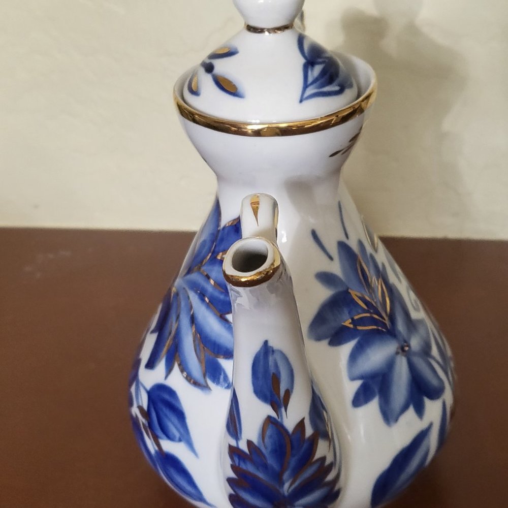 Russian Fenix Teapot Coffee Pot Handmade Porcelain Blue White Gold Kislovodsk - Picture 5 of 9